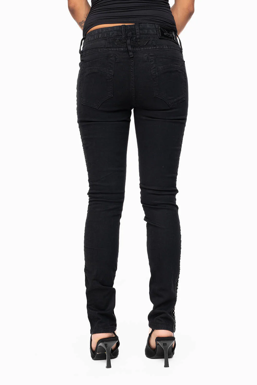 MID RISE WOMENS SKINNY BLACK JEANS WITH BLACK STRIPES EMBELLISHED WITH CRYSTALS - Image 4
