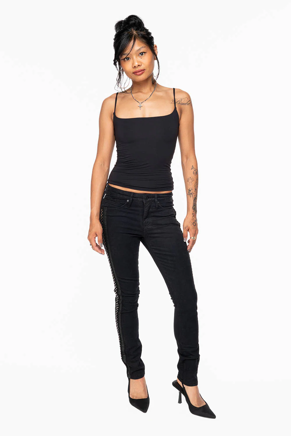 MID RISE WOMENS SKINNY BLACK JEANS WITH BLACK STRIPES EMBELLISHED WITH CRYSTALS - Image 6