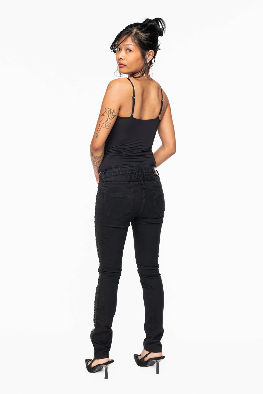 MID RISE WOMENS SKINNY BLACK JEANS WITH BLACK STRIPES EMBELLISHED WITH CRYSTALS - Image 7
