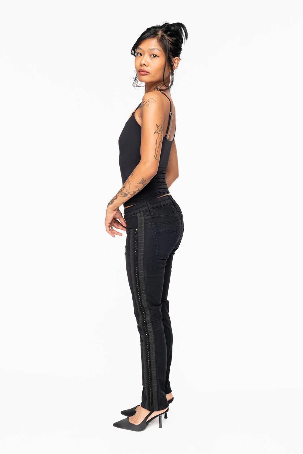 MID RISE WOMENS SKINNY BLACK JEANS WITH BLACK STRIPES EMBELLISHED WITH JET BLK CRYSTALS