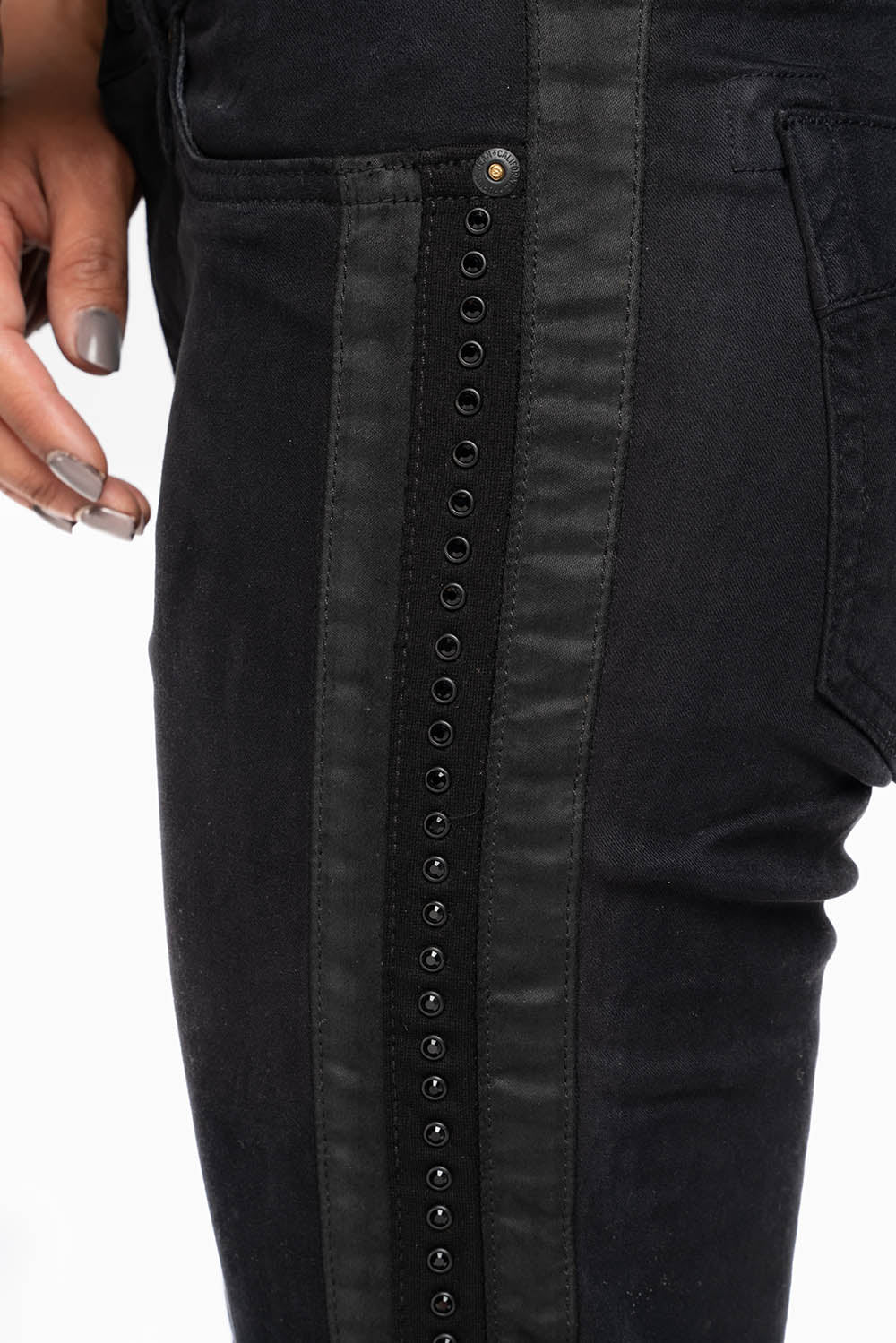 MID RISE WOMENS SKINNY BLACK JEANS WITH BLACK STRIPES EMBELLISHED WITH JET BLK CRYSTALS - Image 2