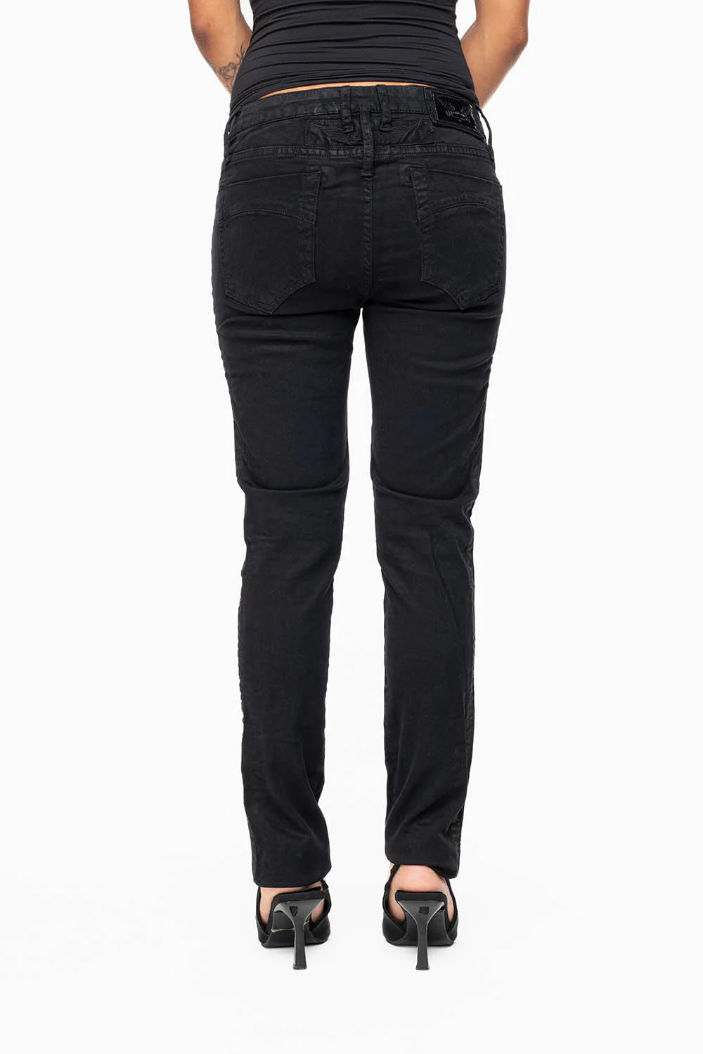 MID RISE WOMENS SKINNY BLACK JEANS WITH BLACK STRIPES EMBELLISHED WITH JET BLK CRYSTALS - Image 3