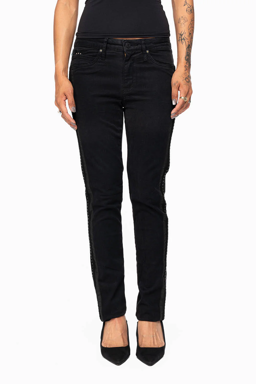MID RISE WOMENS SKINNY BLACK JEANS WITH BLACK STRIPES EMBELLISHED WITH JET BLK CRYSTALS - Image 4