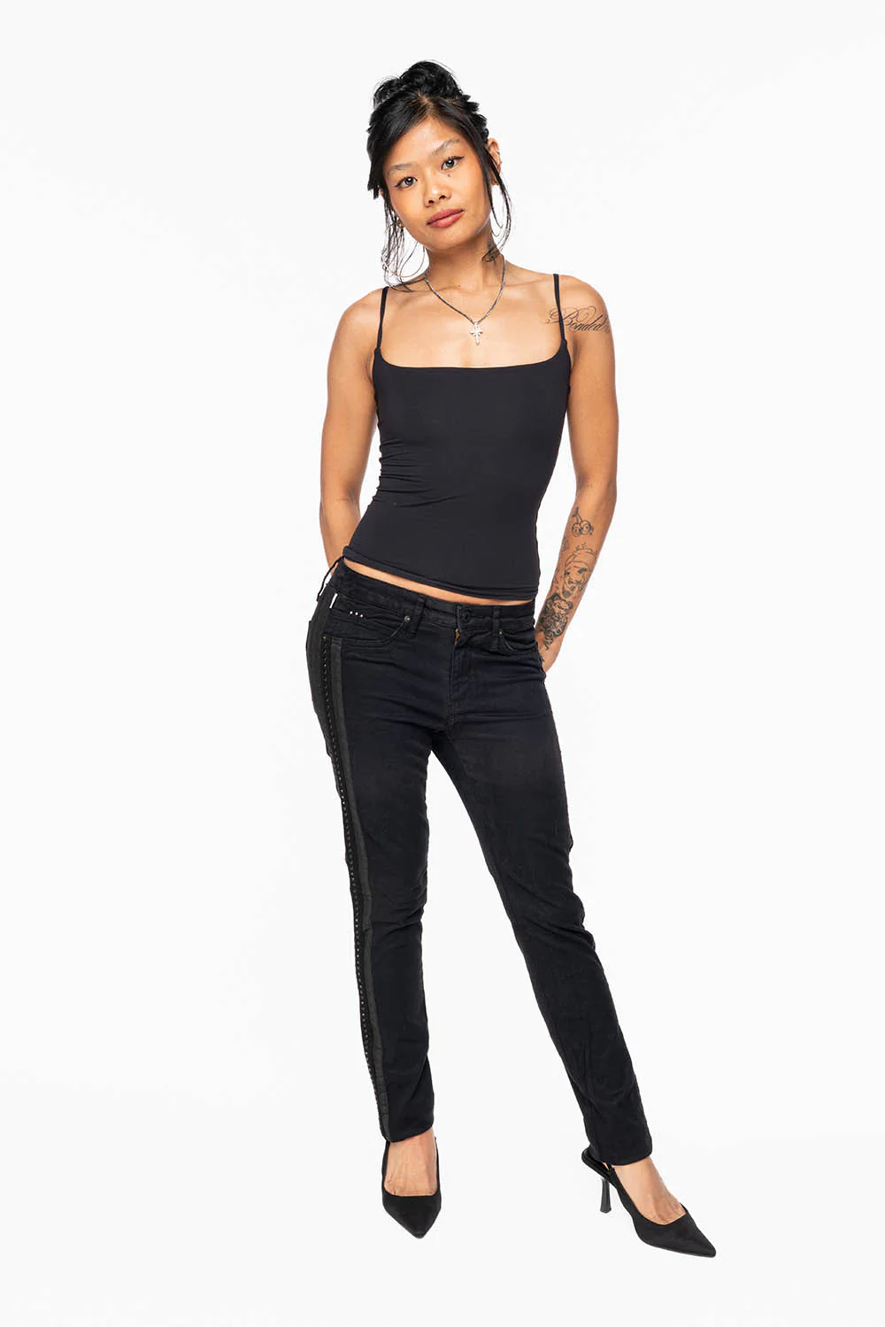 MID RISE WOMENS SKINNY BLACK JEANS WITH BLACK STRIPES EMBELLISHED WITH JET BLK CRYSTALS - Image 6