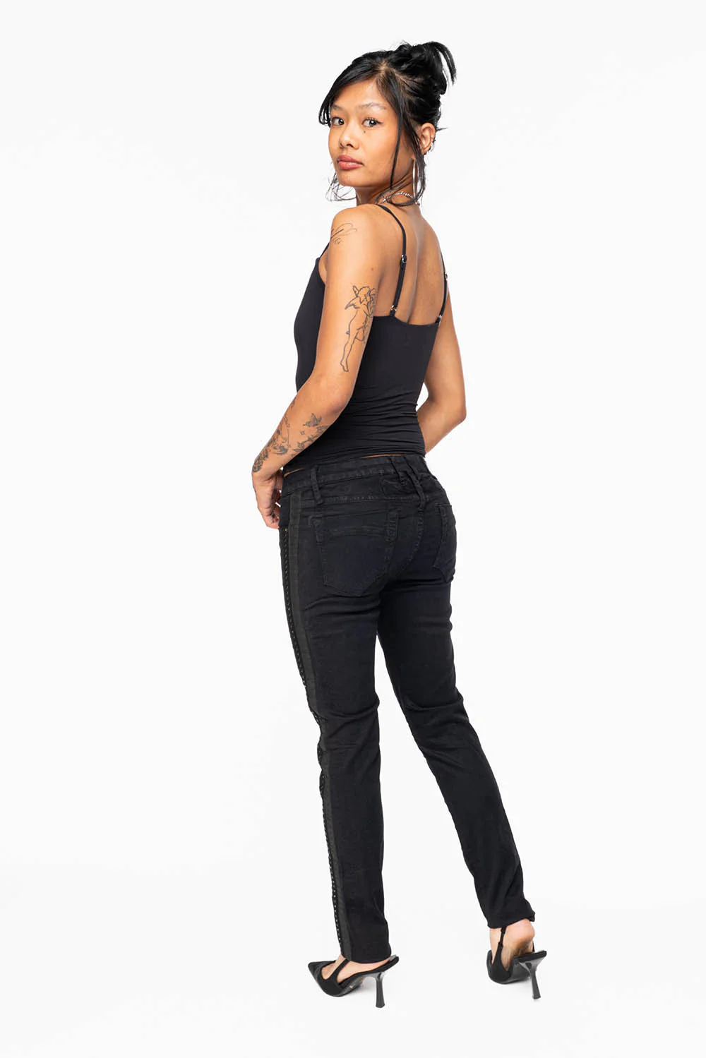 MID RISE WOMENS SKINNY BLACK JEANS WITH BLACK STRIPES EMBELLISHED WITH JET BLK CRYSTALS - Image 7