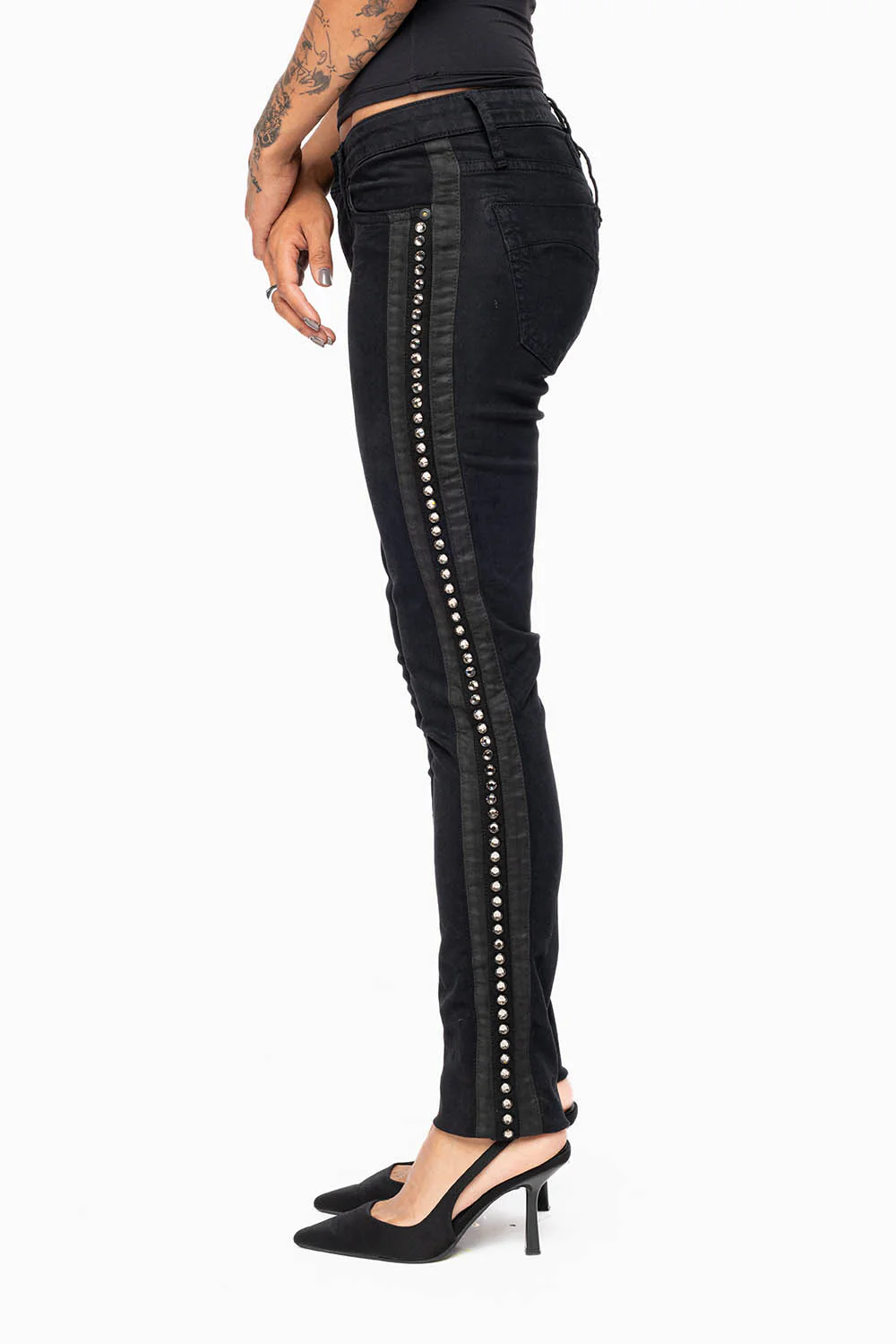MID RISE WOMENS SKINNY BLACK JEANS WITH BLACK STRIPES EMBELLISHED WITH LARGE CRYSTALS - Image 2