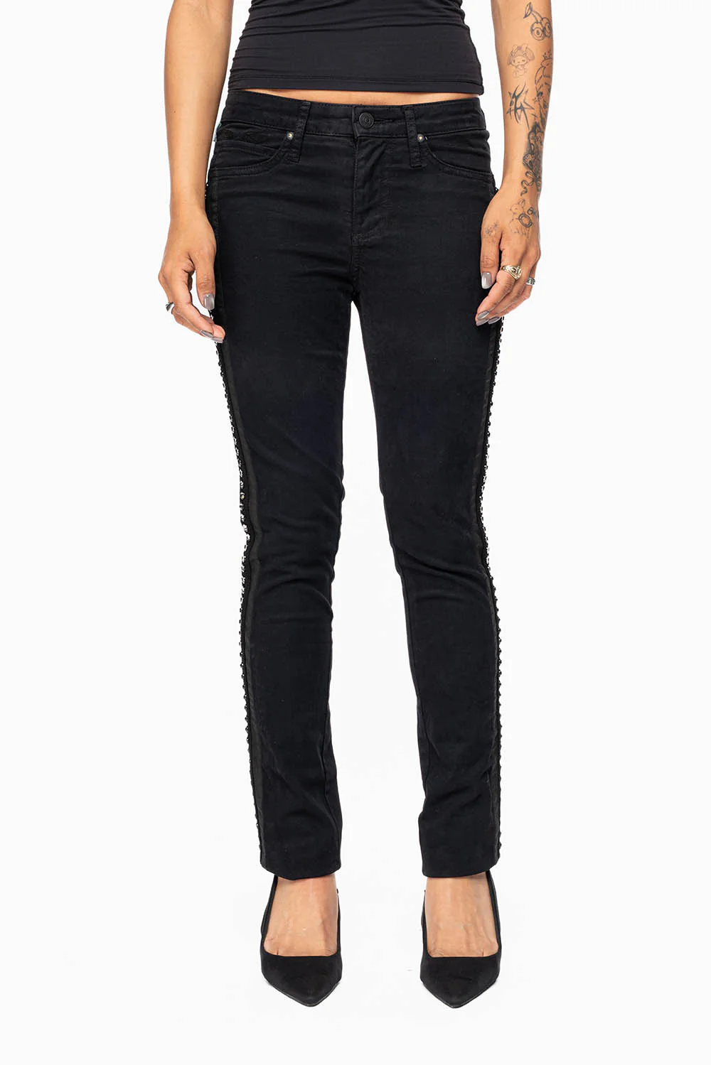 MID RISE WOMENS SKINNY BLACK JEANS WITH BLACK STRIPES EMBELLISHED WITH LARGE CRYSTALS - Image 3