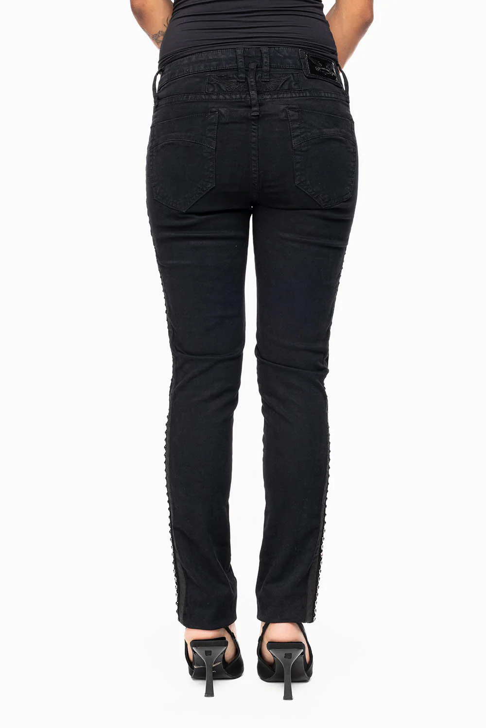 MID RISE WOMENS SKINNY BLACK JEANS WITH BLACK STRIPES EMBELLISHED WITH LARGE CRYSTALS - Image 4