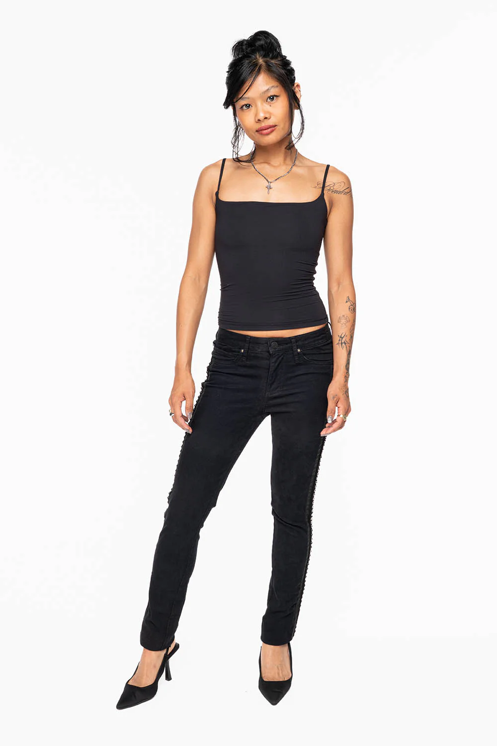 MID RISE WOMENS SKINNY BLACK JEANS WITH BLACK STRIPES EMBELLISHED WITH LARGE CRYSTALS - Image 5