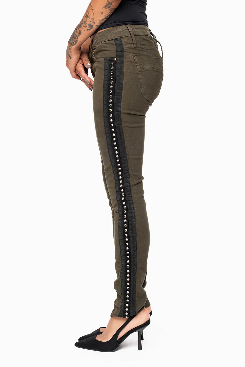 MID RISE WOMENS SKINNY DARK GREEN JEANS WITH BLACK STRIPES EMBELLISHED WITH LARGE CRYSTALS - Image 2