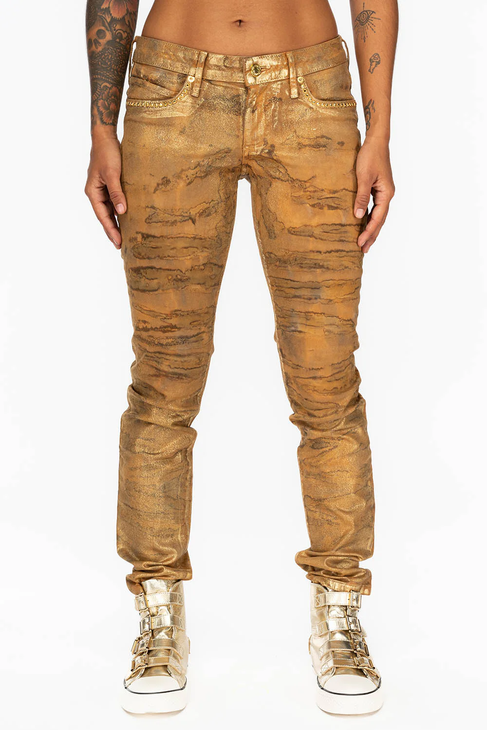 MID RISE WOMENS SKINNY JEANS IN AERO KHAKI WASH WITH GOLD CRYSTALS - Image 4