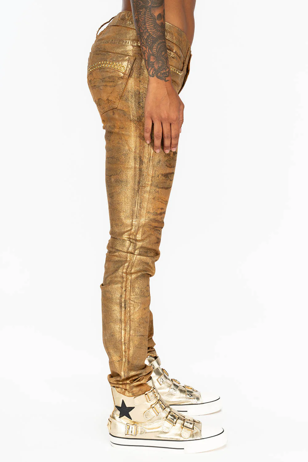 MID RISE WOMENS SKINNY JEANS IN AERO KHAKI WASH WITH GOLD CRYSTALS - Image 5