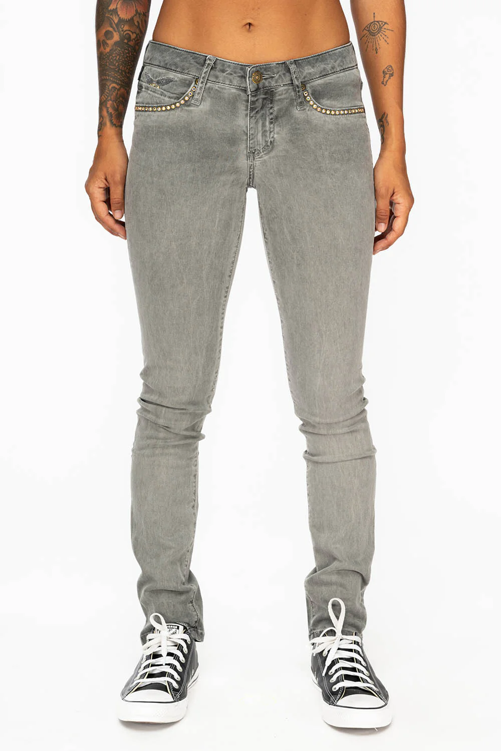 MID RISE WOMENS SKINNY JEANS IN OIL CHARCOAL WASH WITH CRYSTALS - Image 4