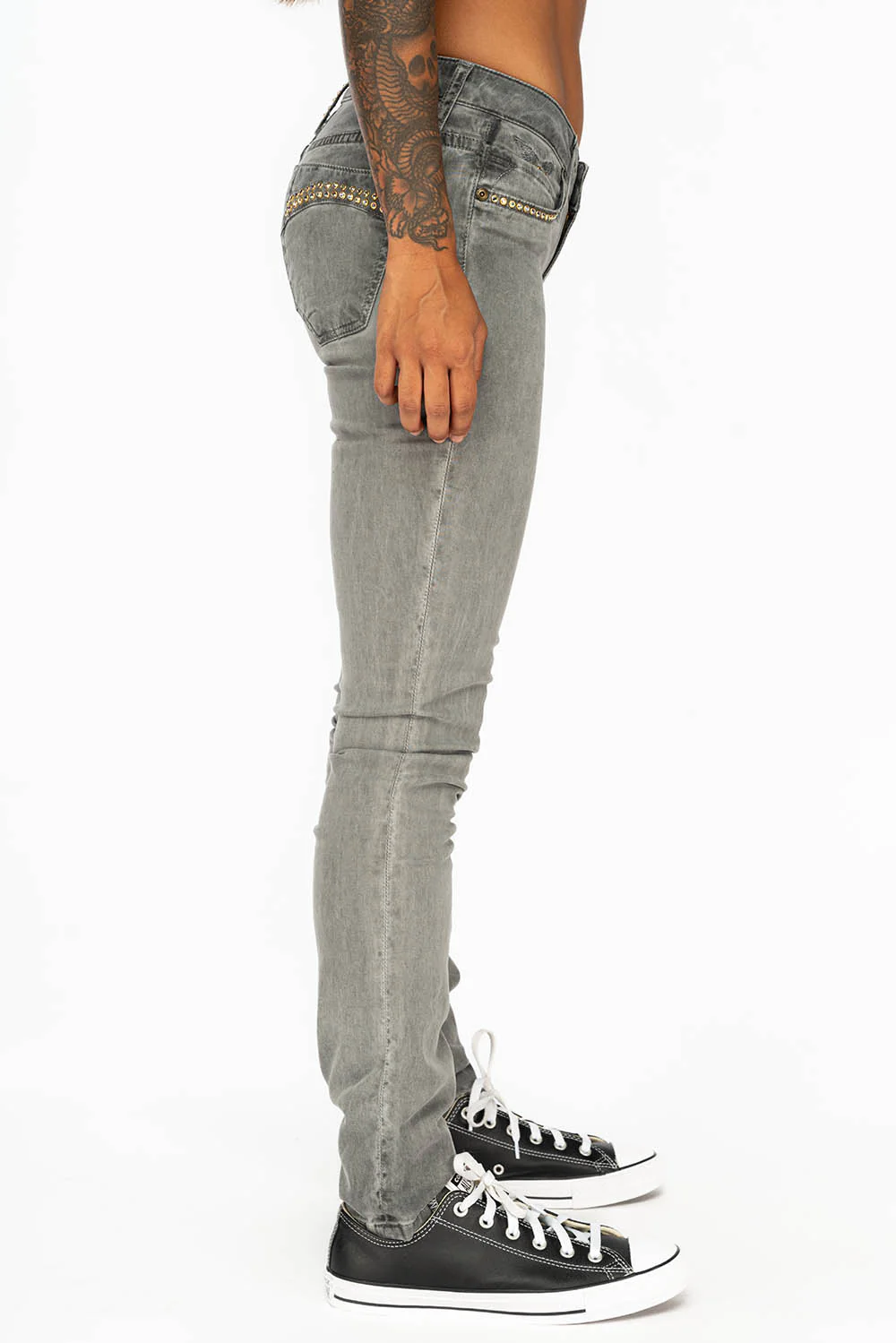 MID RISE WOMENS SKINNY JEANS IN OIL CHARCOAL WASH WITH CRYSTALS - Image 5
