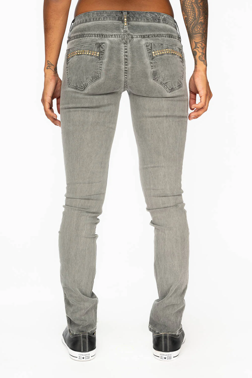 MID RISE WOMENS SKINNY JEANS IN OIL CHARCOAL WASH WITH CRYSTALS - Image 6