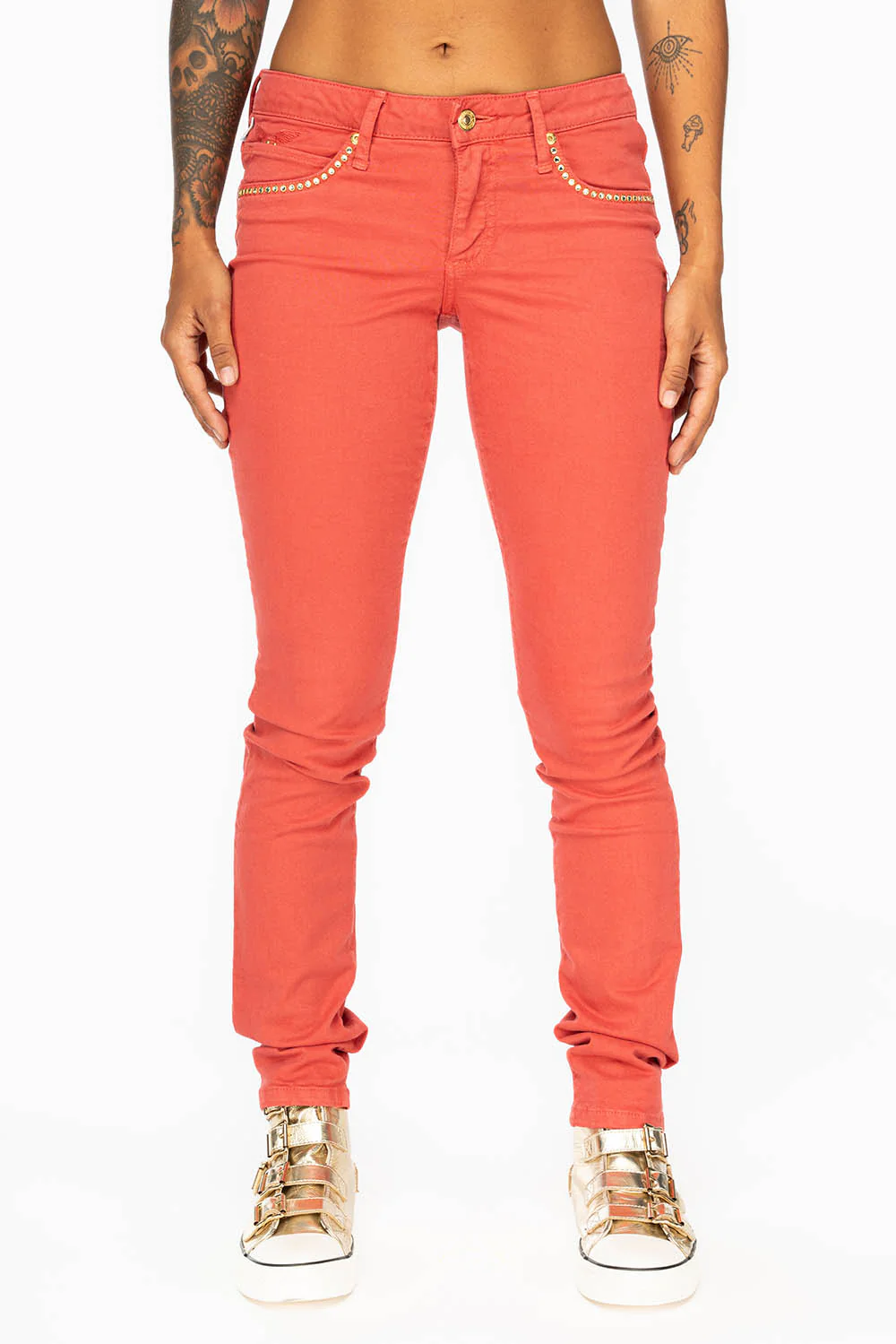 MID RISE WOMENS SKINNY JEANS IN TOMATO WASH WITH CRYSTALS - Image 5
