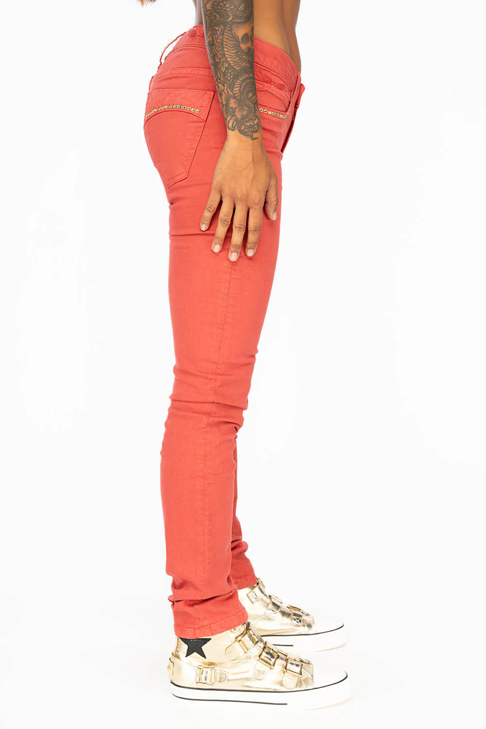 MID RISE WOMENS SKINNY JEANS IN TOMATO WASH WITH CRYSTALS - Image 6
