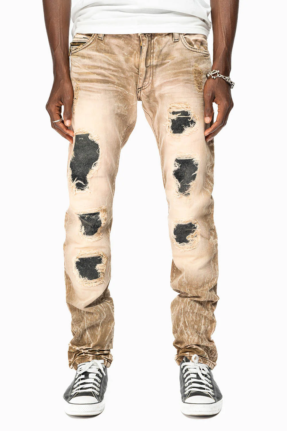 MINI FLAP MENS SLIM JEANS IN AMARETO DESTROY BACKING WITH CRYSTALS AND SPIKE