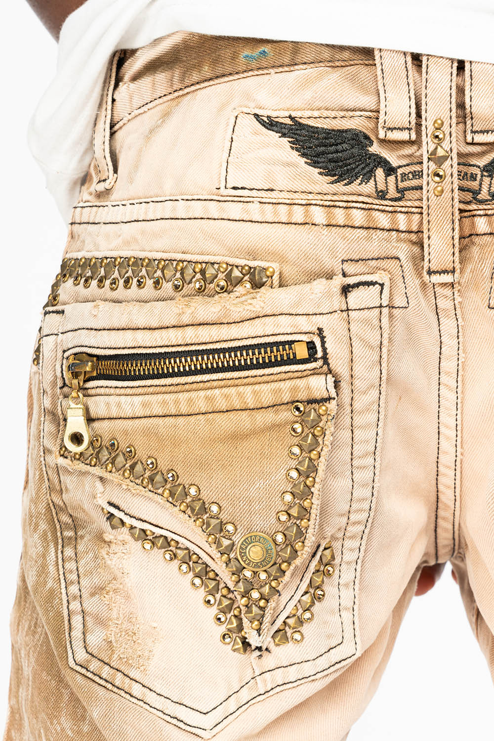 MINI FLAP MENS SLIM JEANS IN AMARETO DESTROY BACKING WITH CRYSTALS AND SPIKE - Image 2