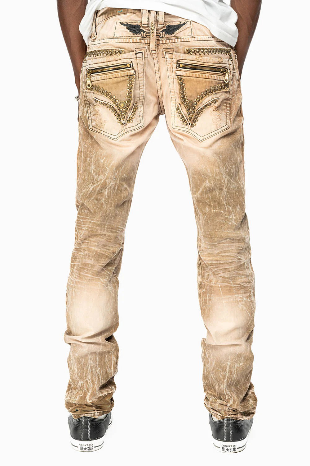 MINI FLAP MENS SLIM JEANS IN AMARETO DESTROY BACKING WITH CRYSTALS AND SPIKE - Image 4
