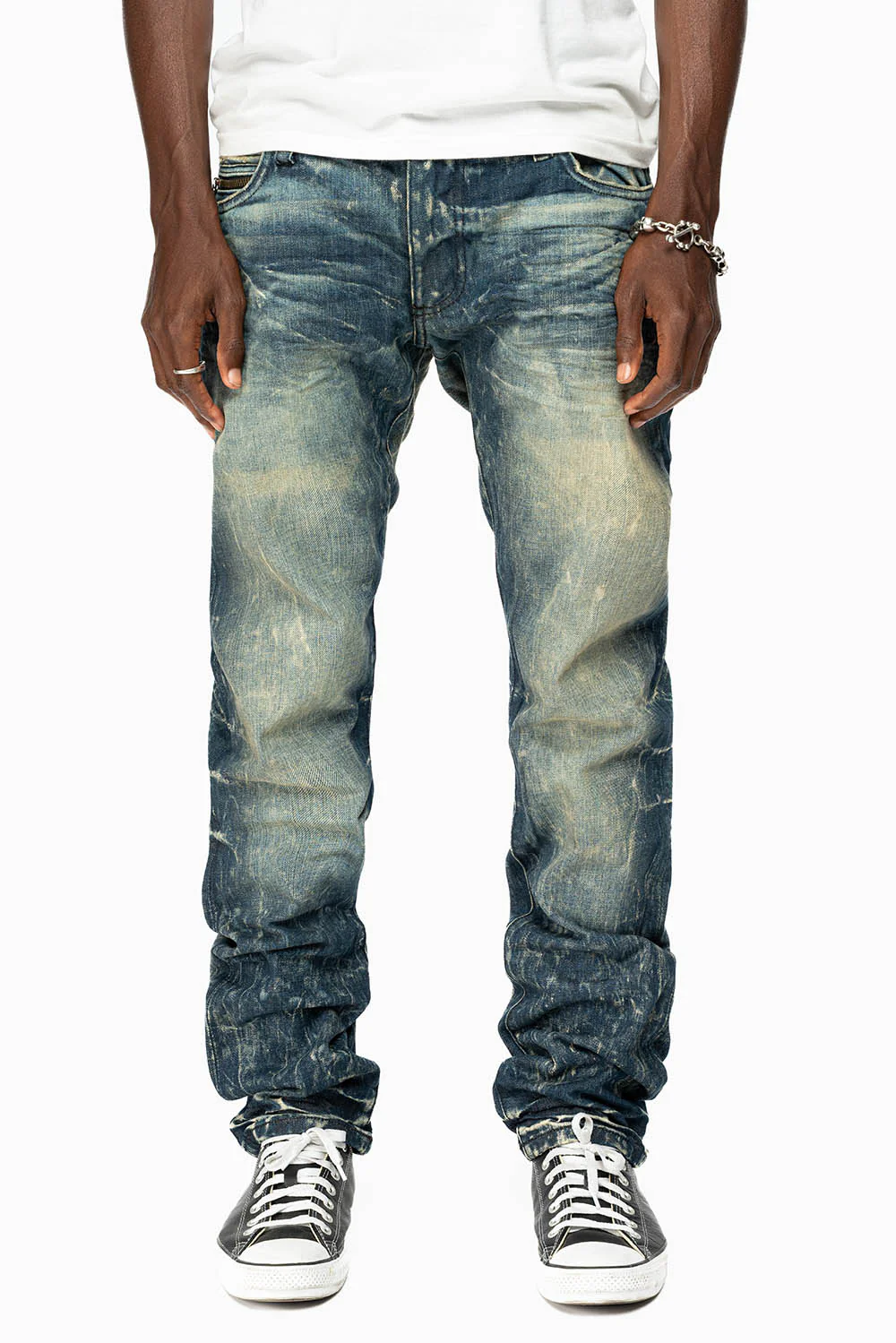 MINI FLAP MENS SLIM JEANS IN BLUE 4D DARK WASH WITH CRYSTALS AND SPIKE