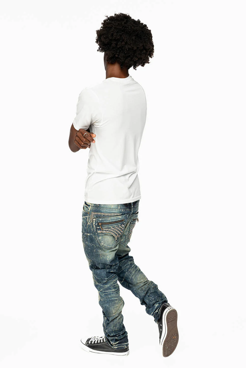 MINI FLAP MENS SLIM JEANS IN BLUE 4D DARK WASH WITH CRYSTALS AND SPIKE - Image 10