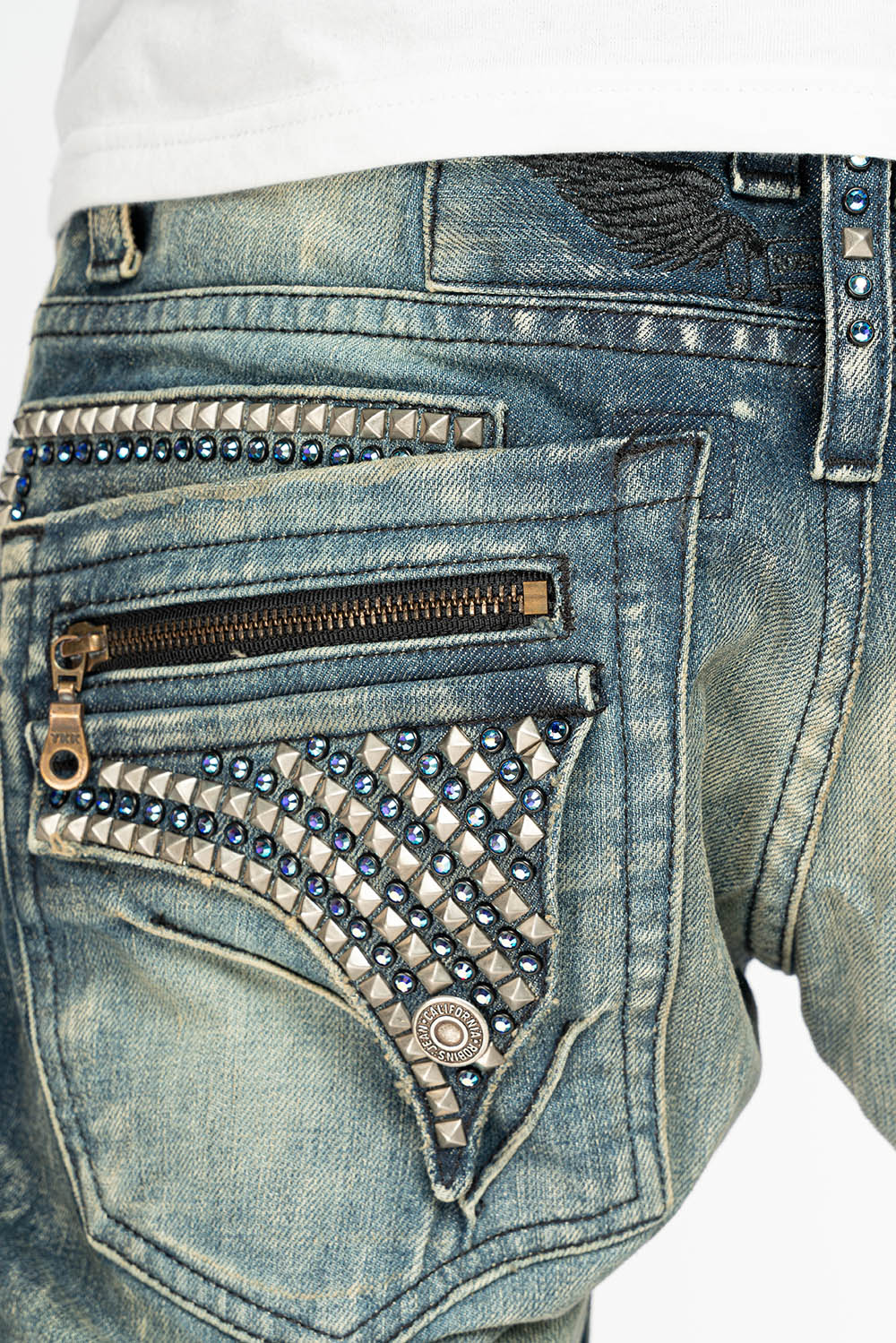 MINI FLAP MENS SLIM JEANS IN BLUE 4D DARK WASH WITH CRYSTALS AND SPIKE - Image 2