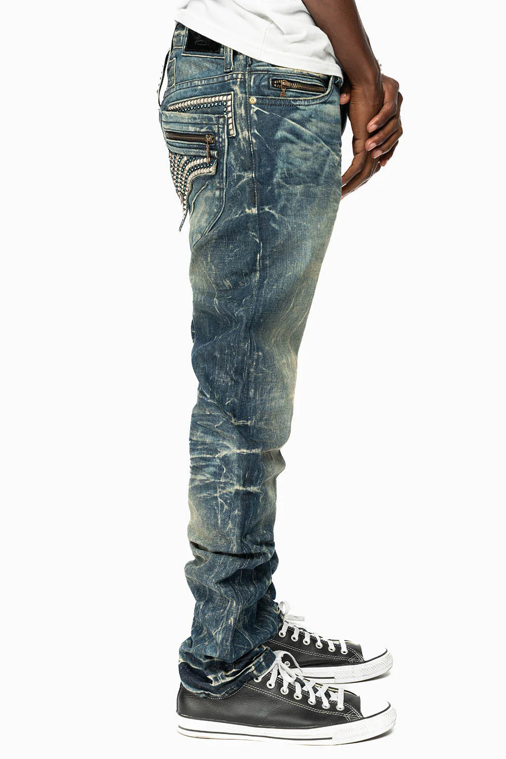 MINI FLAP MENS SLIM JEANS IN BLUE 4D DARK WASH WITH CRYSTALS AND SPIKE - Image 3