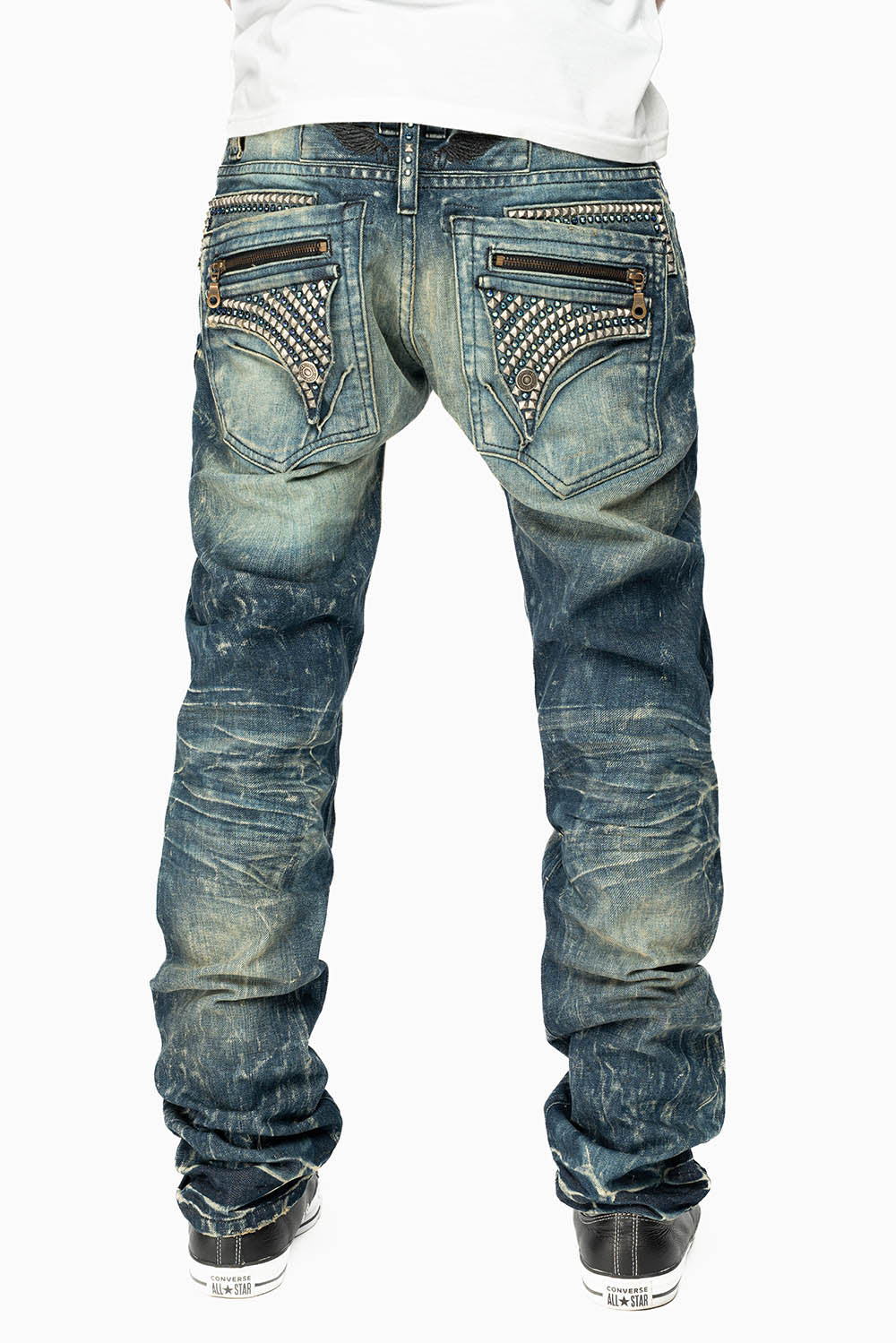 MINI FLAP MENS SLIM JEANS IN BLUE 4D DARK WASH WITH CRYSTALS AND SPIKE - Image 4