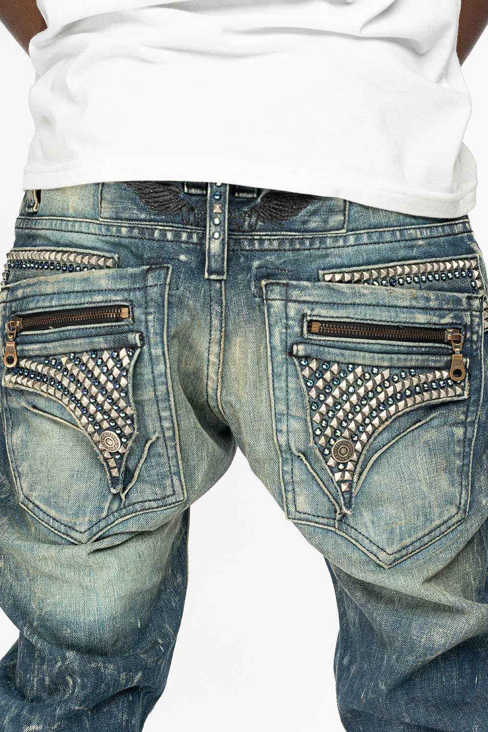 MINI FLAP MENS SLIM JEANS IN BLUE 4D DARK WASH WITH CRYSTALS AND SPIKE - Image 5