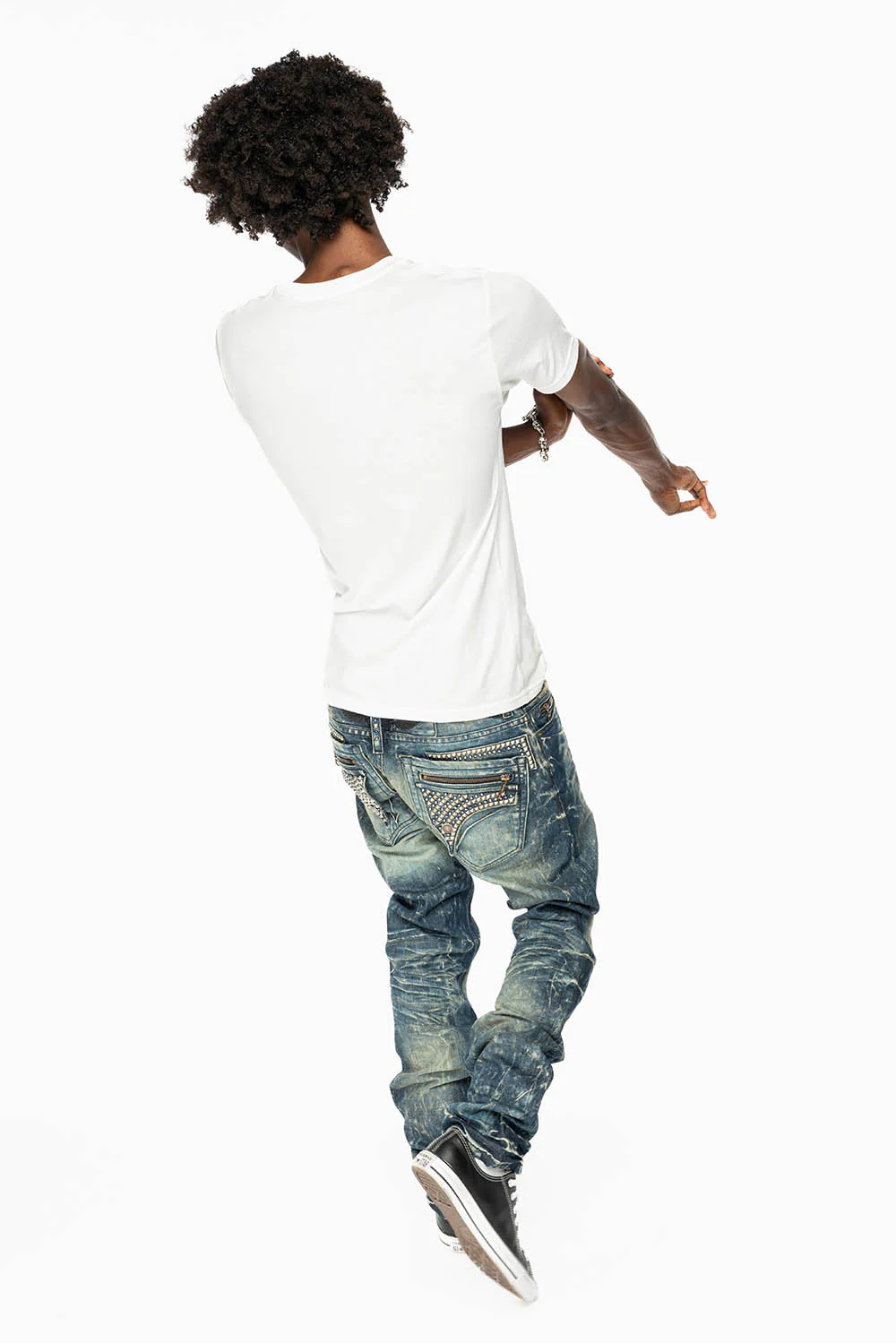 MINI FLAP MENS SLIM JEANS IN BLUE 4D DARK WASH WITH CRYSTALS AND SPIKE - Image 8