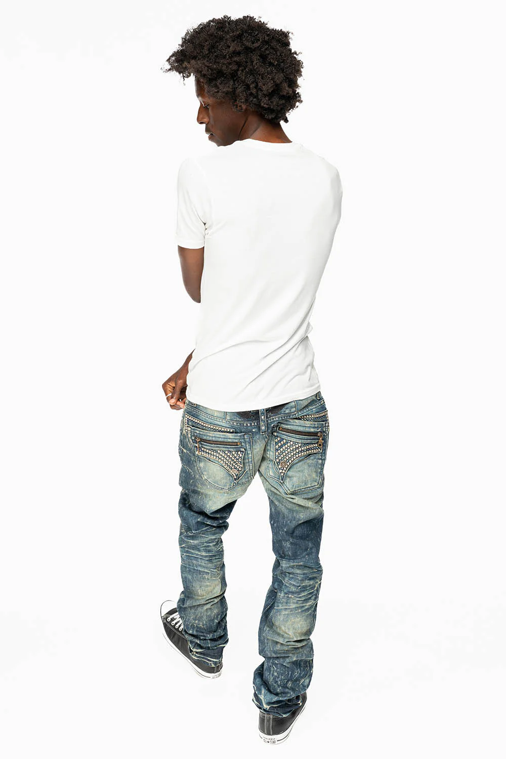 MINI FLAP MENS SLIM JEANS IN BLUE 4D DARK WASH WITH CRYSTALS AND SPIKE - Image 9
