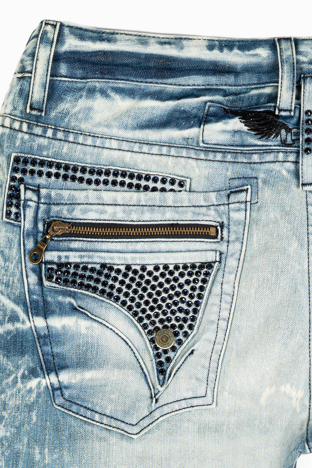 MINI FLAP MENS SLIM JEANS IN BLUE 5D MEDIUM BROKEN WASH WITH CRYSTALS - Image 2
