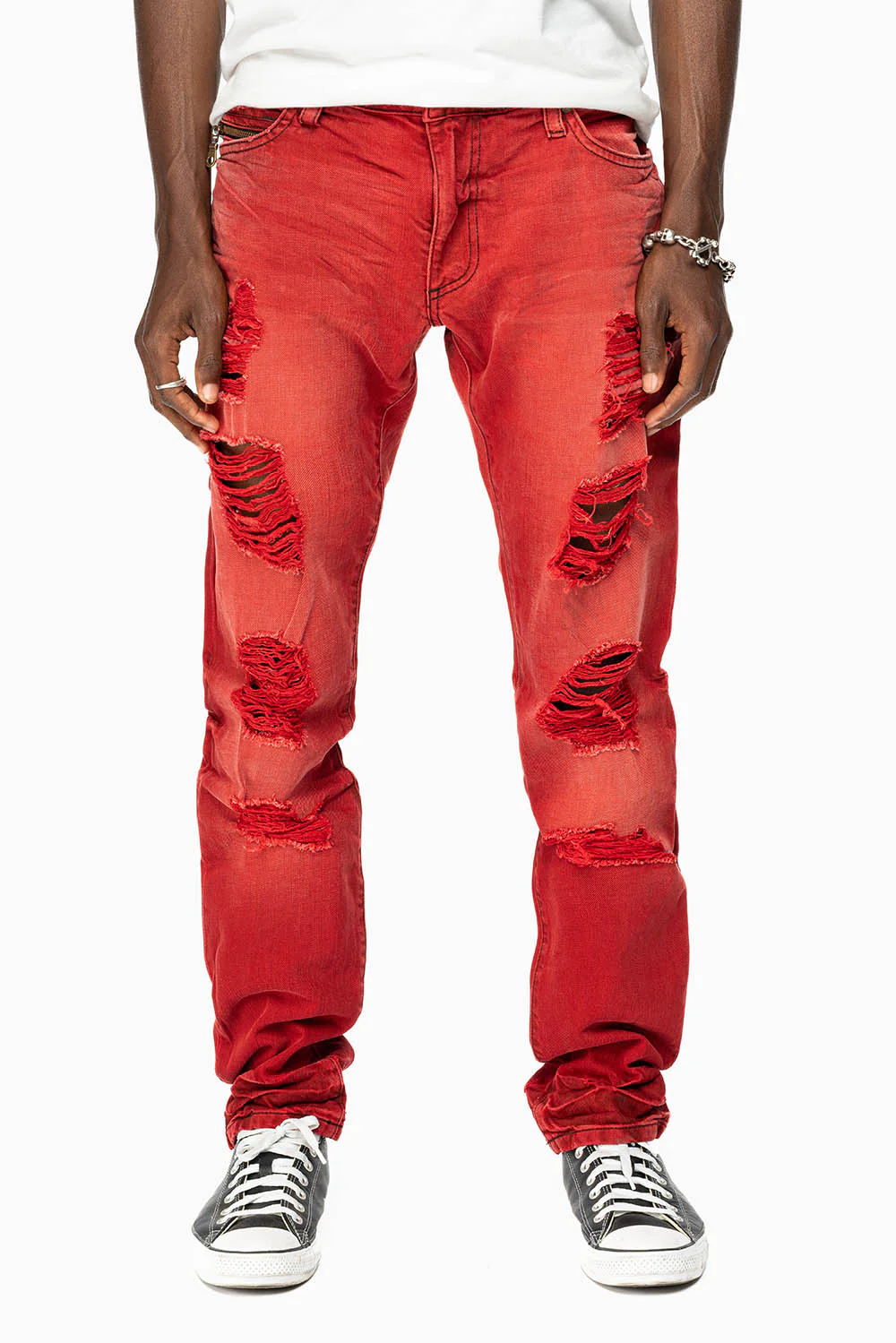 MINI FLAP MENS SLIM JEANS IN F-UP RED BROKEN WASH WITH CRYSTALS AND SPIKE