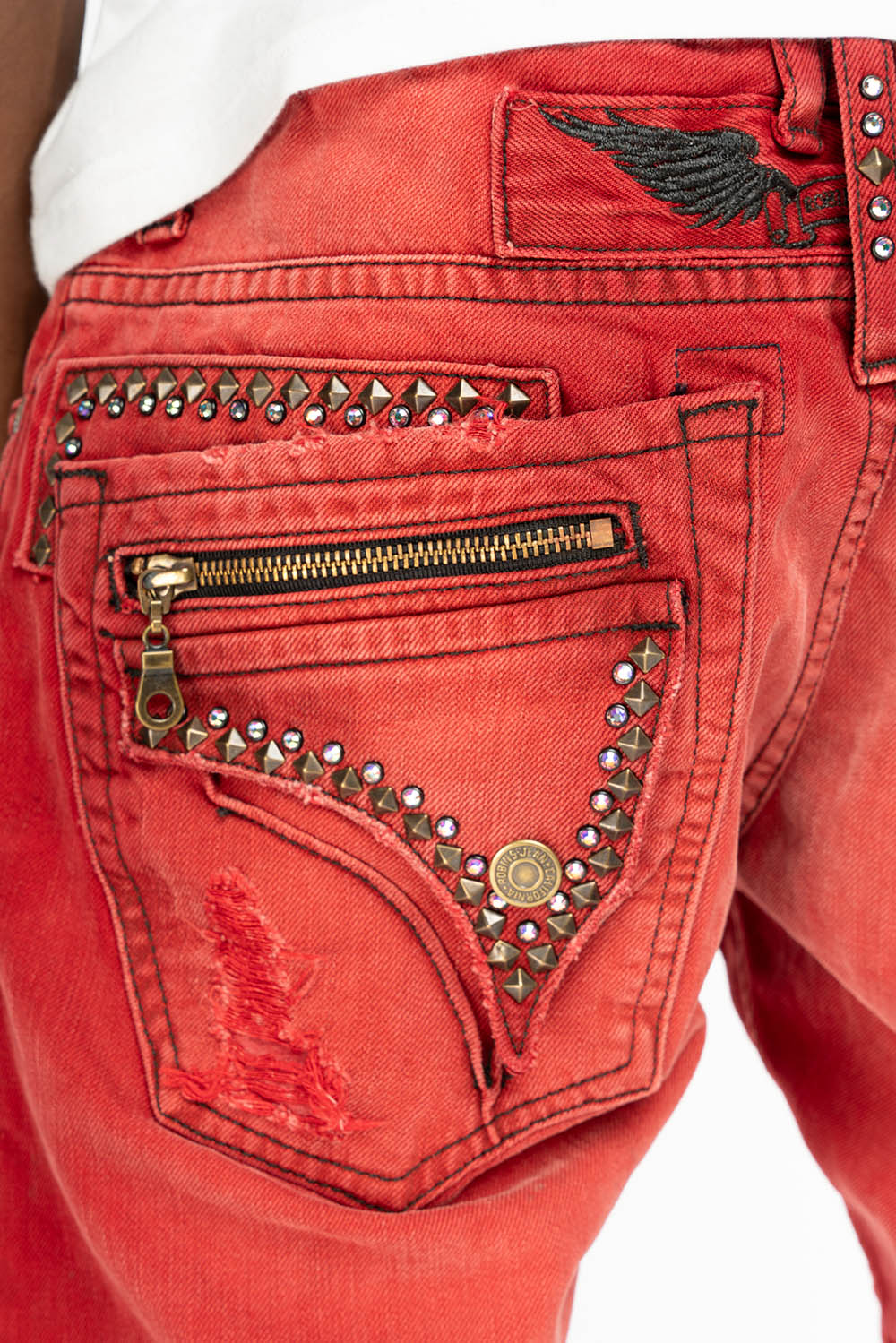 MINI FLAP MENS SLIM JEANS IN F-UP RED BROKEN WASH WITH CRYSTALS AND SPIKE - Image 2