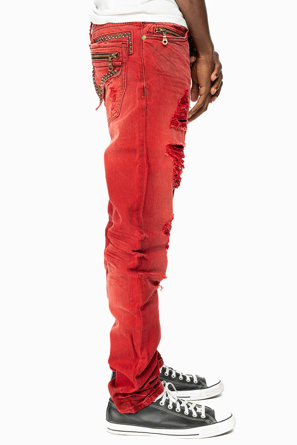 MINI FLAP MENS SLIM JEANS IN F-UP RED BROKEN WASH WITH CRYSTALS AND SPIKE - Image 3