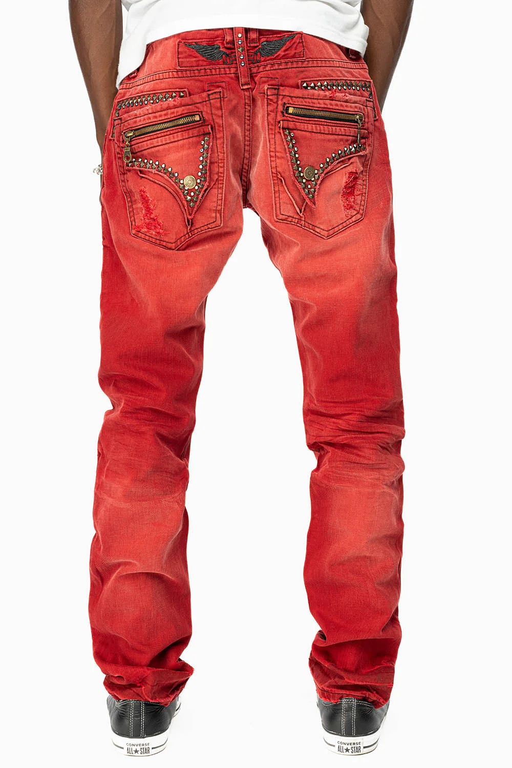 MINI FLAP MENS SLIM JEANS IN F-UP RED BROKEN WASH WITH CRYSTALS AND SPIKE - Image 4