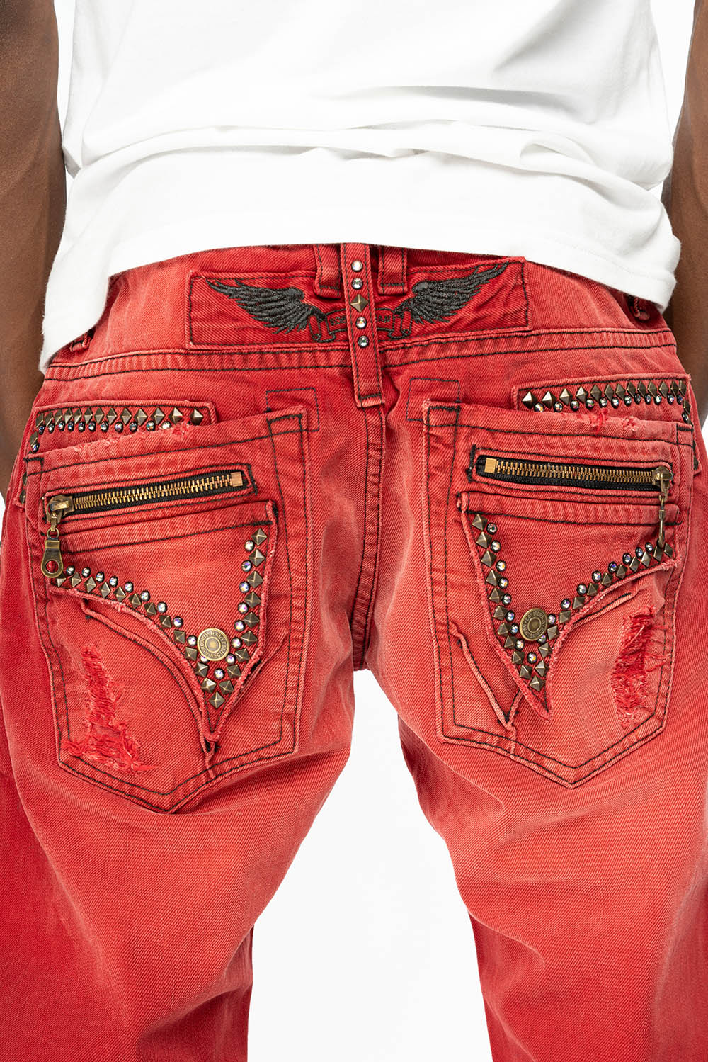 MINI FLAP MENS SLIM JEANS IN F-UP RED BROKEN WASH WITH CRYSTALS AND SPIKE - Image 5
