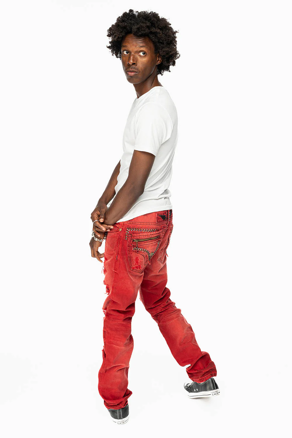 MINI FLAP MENS SLIM JEANS IN F-UP RED BROKEN WASH WITH CRYSTALS AND SPIKE - Image 6