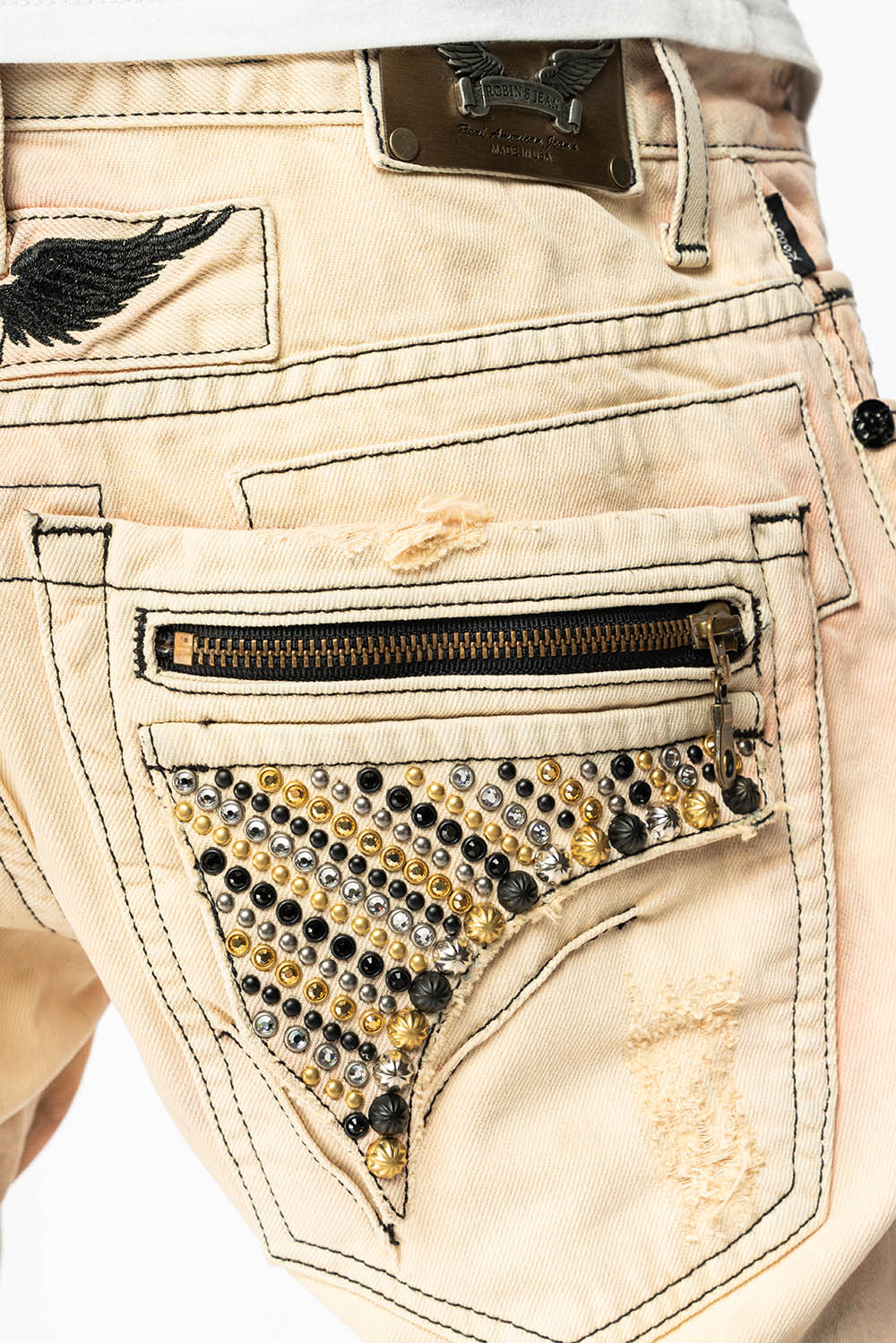 MINI FLAP MENS SLIM JEANS IN JULIETTE DESTROY BROKEN REPAIR WASH WITH CRYSTALS AND STUDS - Image 2