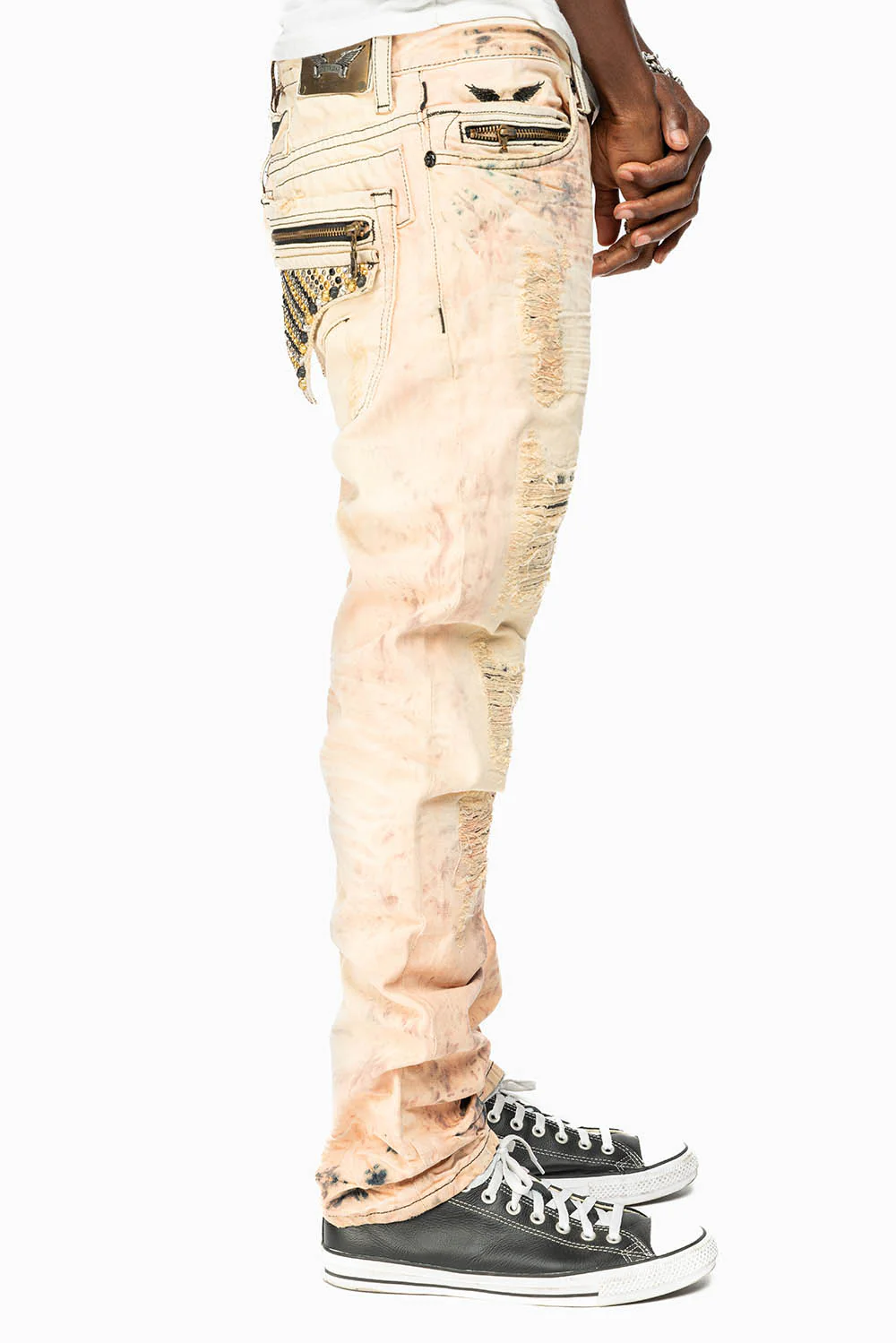 MINI FLAP MENS SLIM JEANS IN JULIETTE DESTROY BROKEN REPAIR WASH WITH CRYSTALS AND STUDS - Image 3