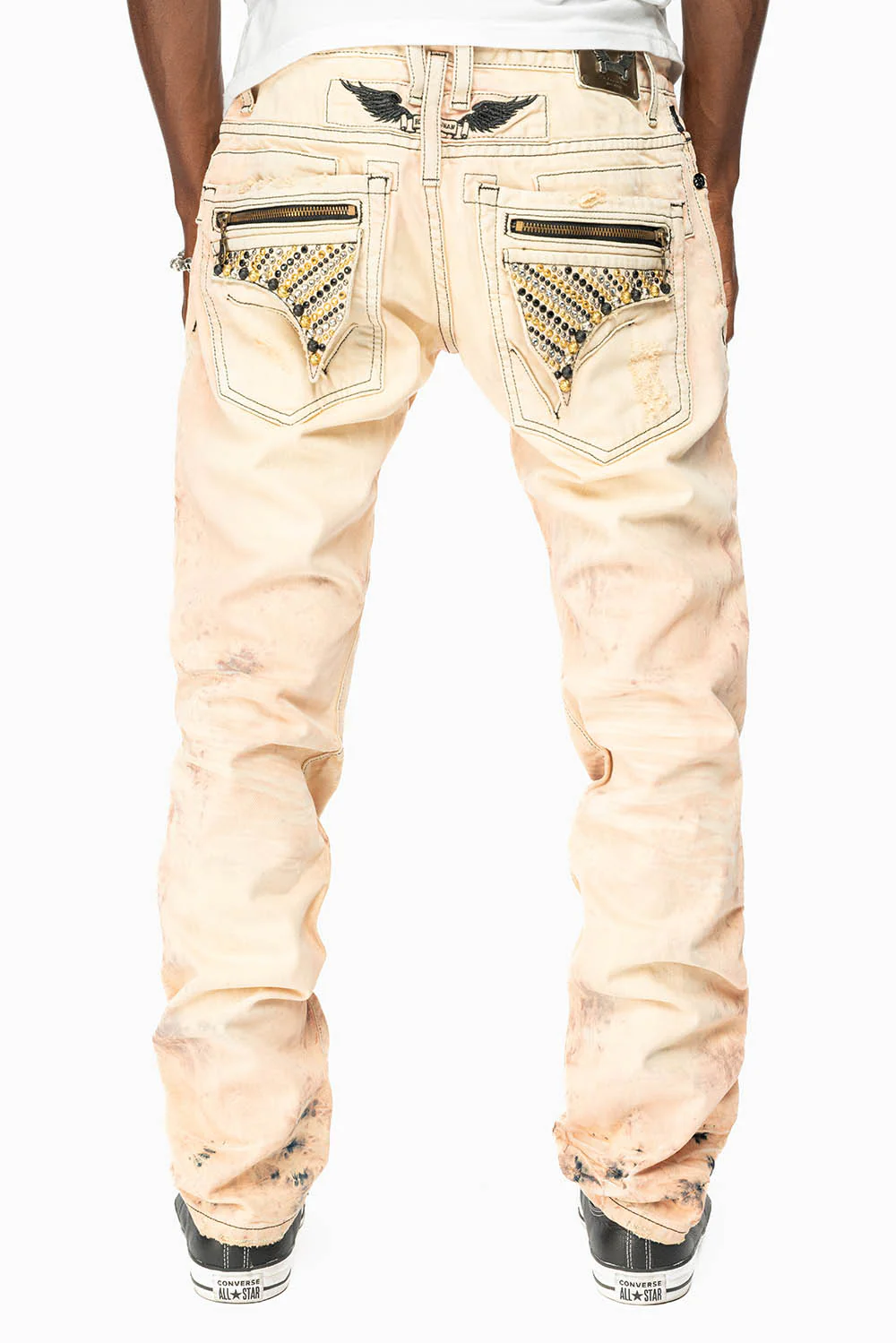 MINI FLAP MENS SLIM JEANS IN JULIETTE DESTROY BROKEN REPAIR WASH WITH CRYSTALS AND STUDS - Image 4