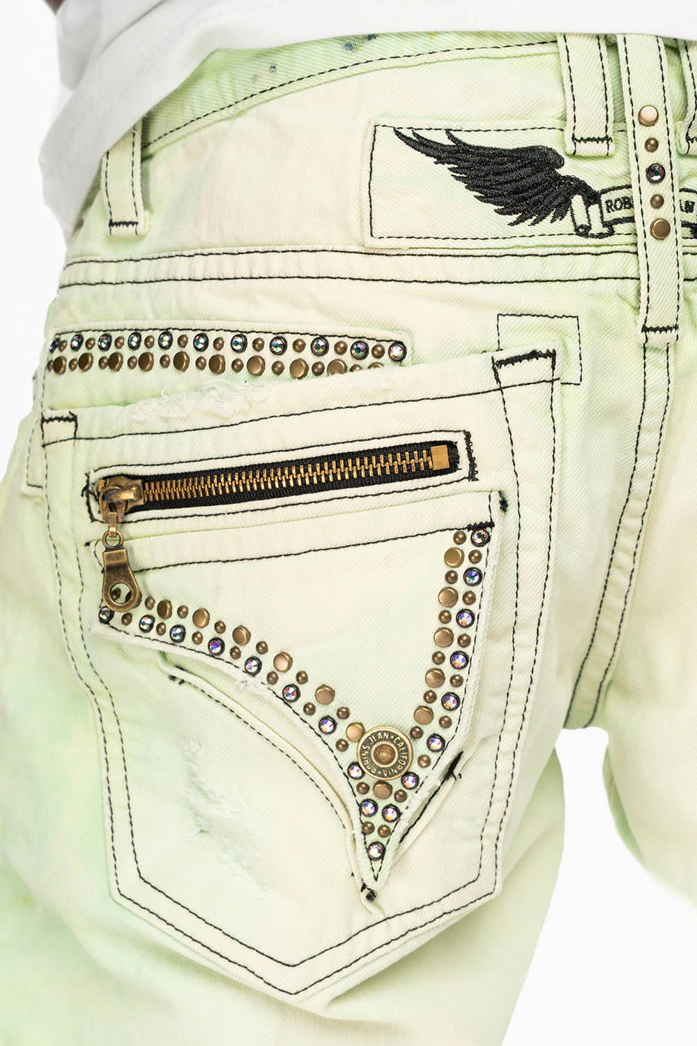 MINI FLAP MENS SLIM JEANS IN KEY LIME DESTROY BACKING WITH CRYSTALS - Image 2