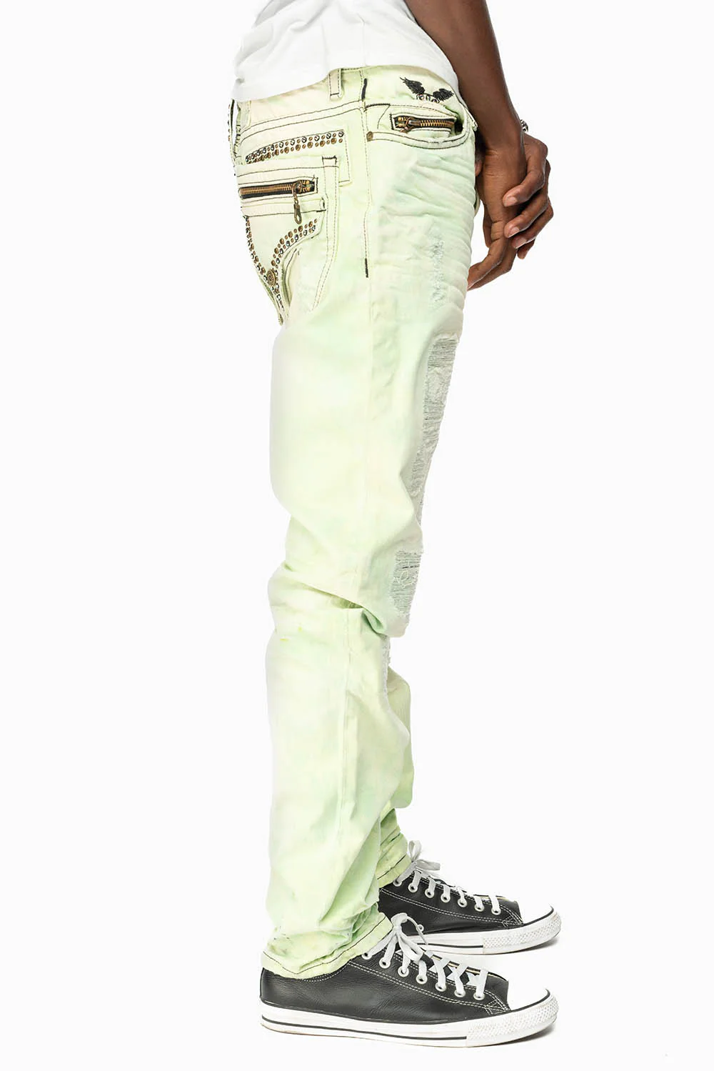 MINI FLAP MENS SLIM JEANS IN KEY LIME DESTROY BACKING WITH CRYSTALS - Image 3
