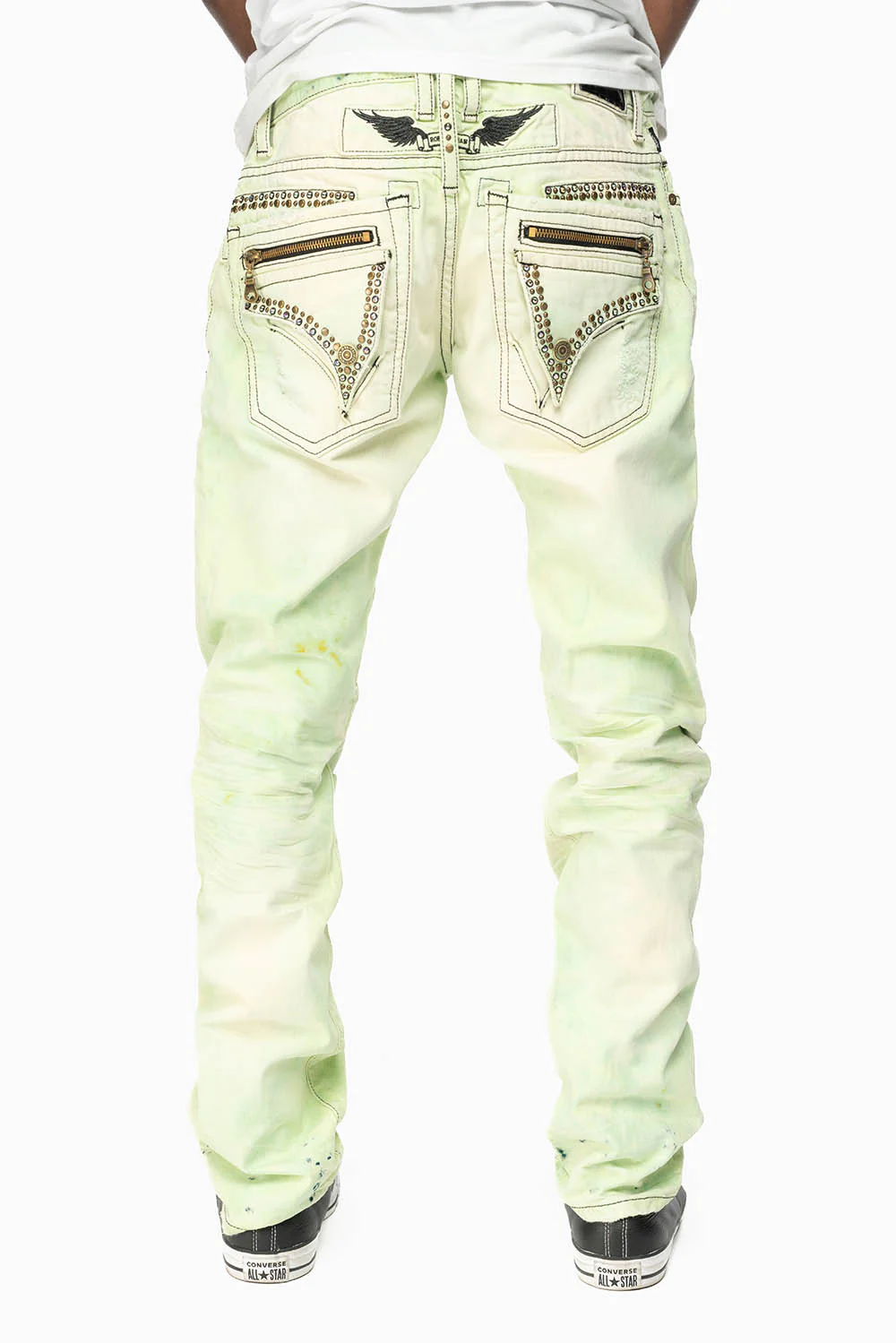 MINI FLAP MENS SLIM JEANS IN KEY LIME DESTROY BACKING WITH CRYSTALS - Image 4