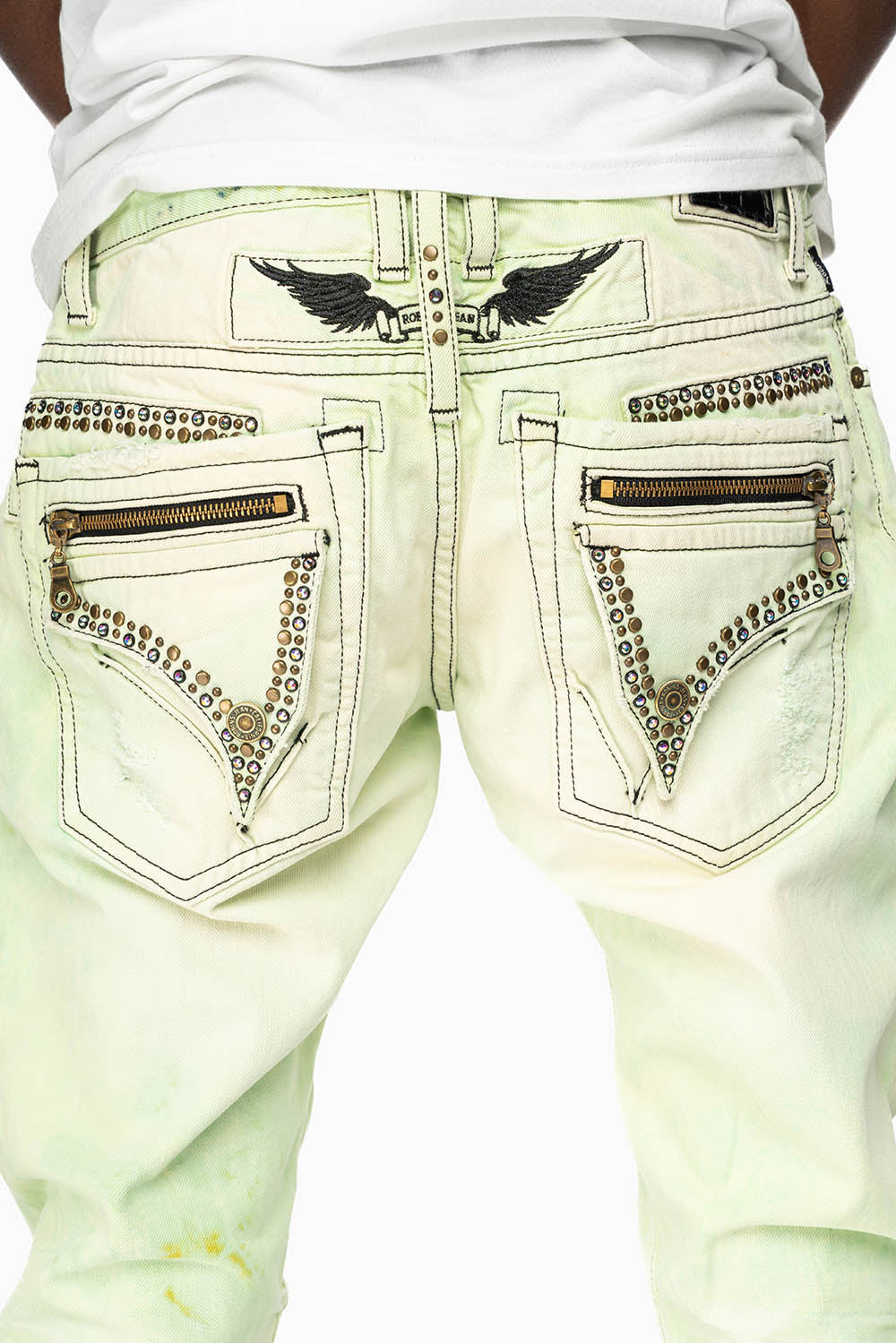 MINI FLAP MENS SLIM JEANS IN KEY LIME DESTROY BACKING WITH CRYSTALS - Image 5