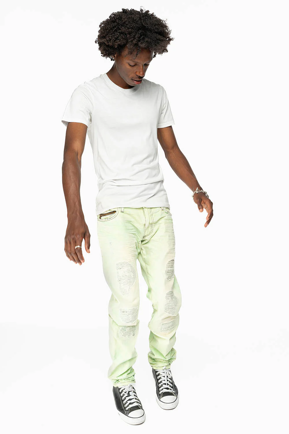 MINI FLAP MENS SLIM JEANS IN KEY LIME DESTROY BACKING WITH CRYSTALS - Image 6