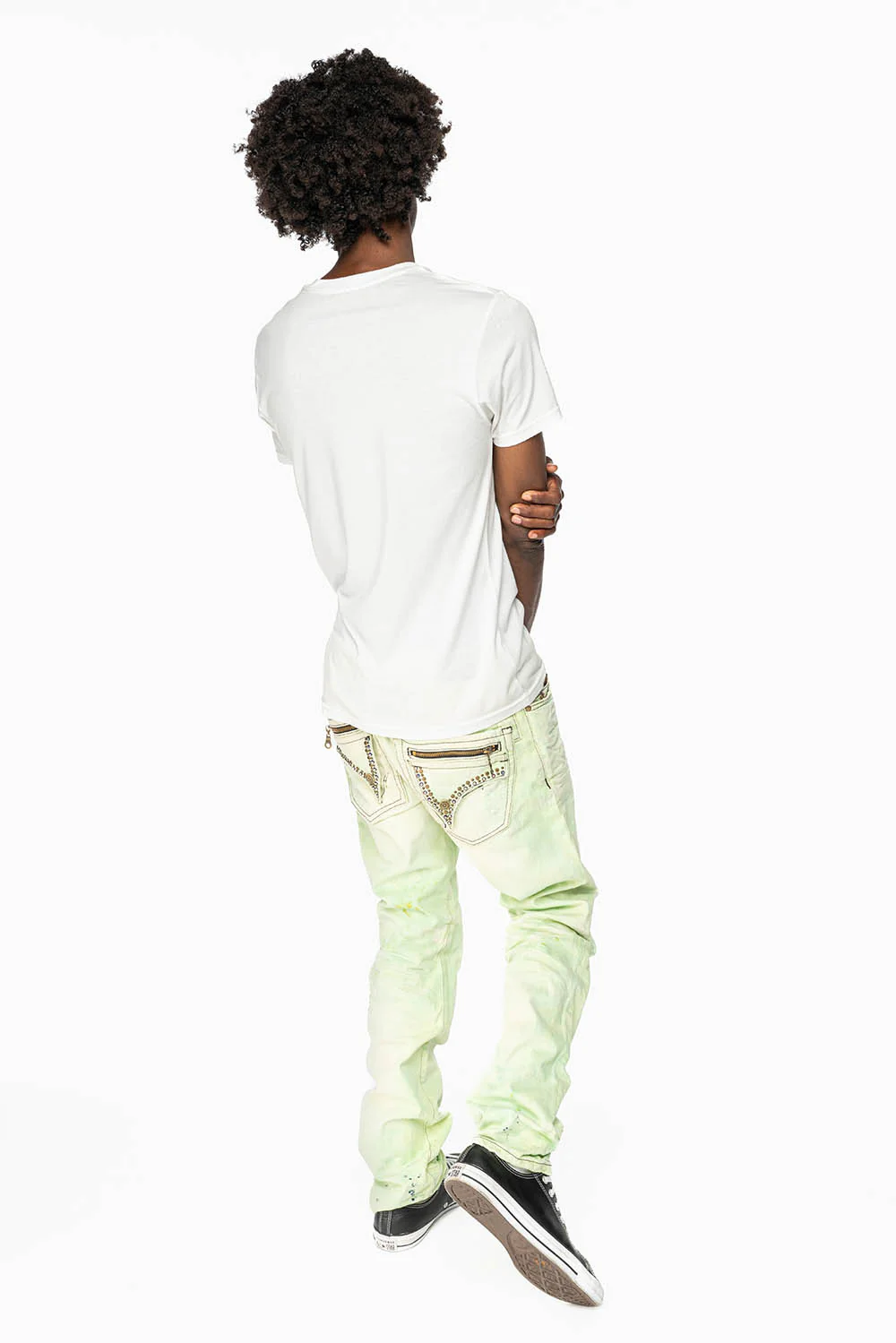 MINI FLAP MENS SLIM JEANS IN KEY LIME DESTROY BACKING WITH CRYSTALS - Image 8