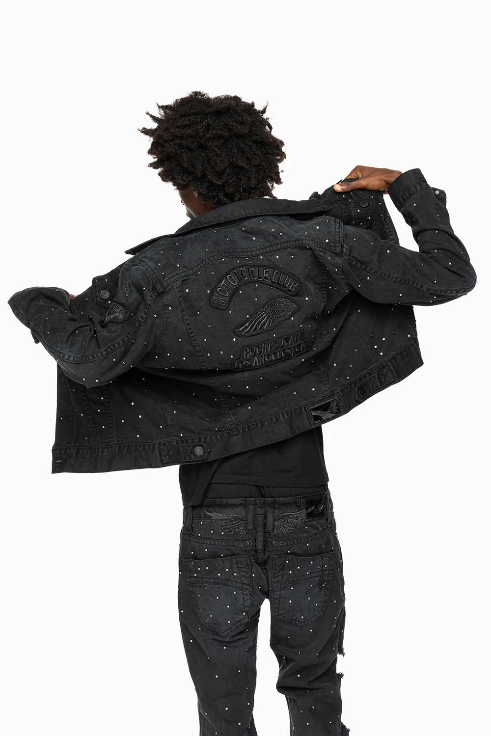 MOTORCYCLE CLUB DENIM JACKET IN VINTAGE BLK WASH WITH PATCHES AND CRYSTALS - Image 4