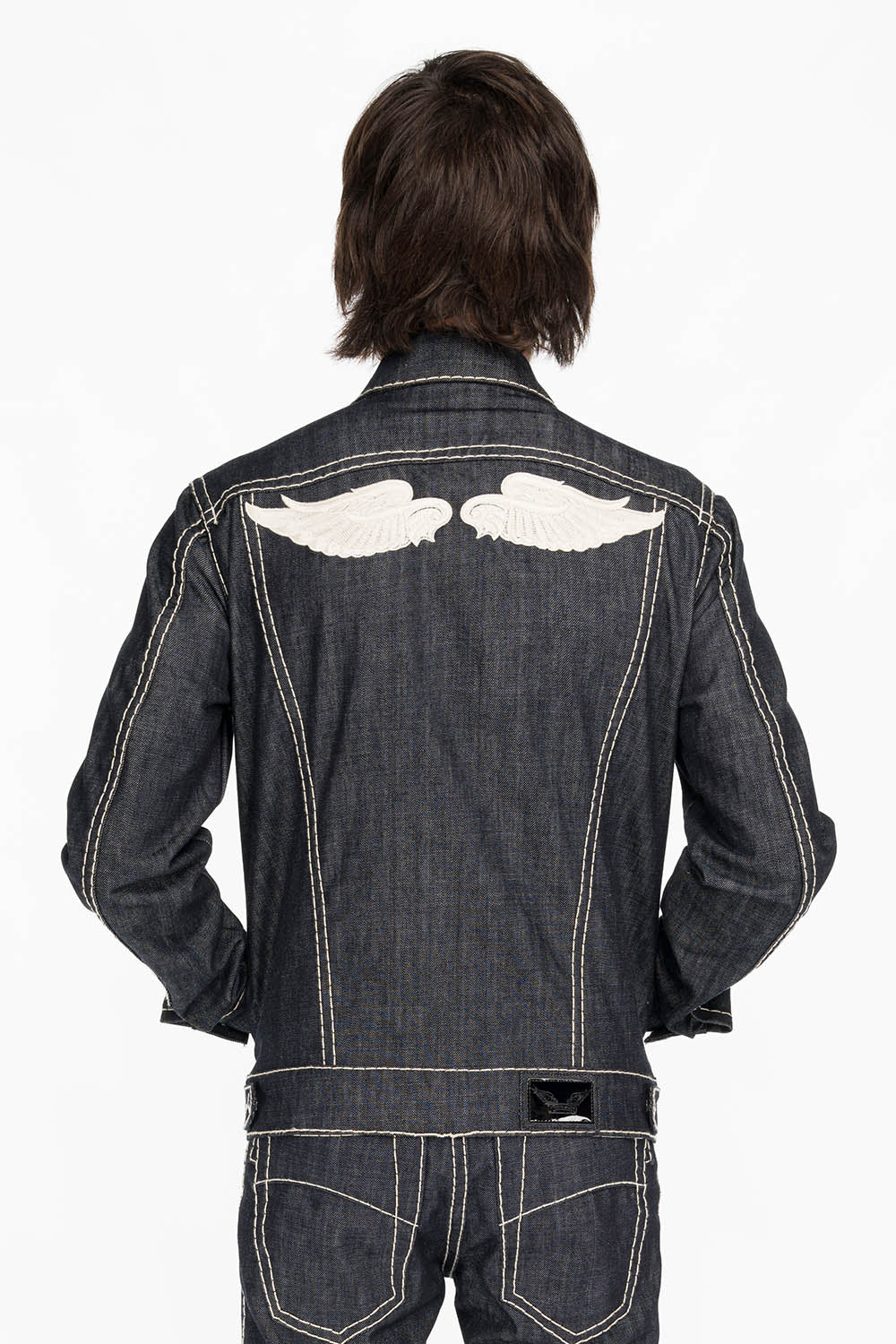 MENS DENIM JACKET IN RAW DENIM WITH HEAVY NATURAL WHITE STITCHING AND EMBROIDERED WINGS - Image 3